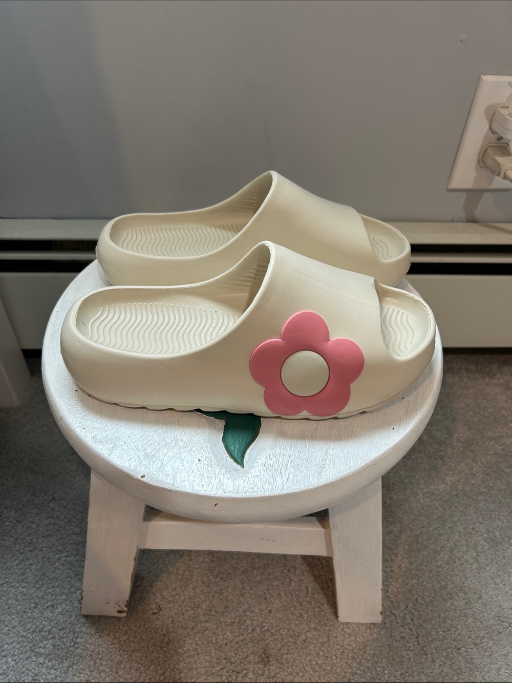 Girls Cream Slide Sandals with Pink Flower Accent